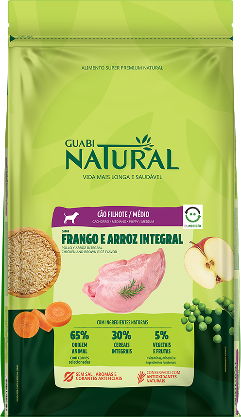 Ração Guabi Natural Frango e Arroz Integral para Cães Filhotes Raças Média - 20Kg
