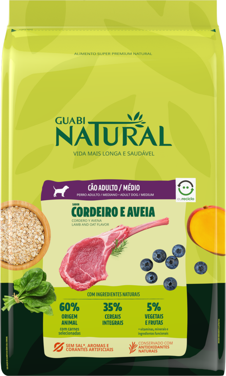 Ração Guabi Natural Cordeiro e Aveia para Cães Adultos Raças Médias - 12Kg