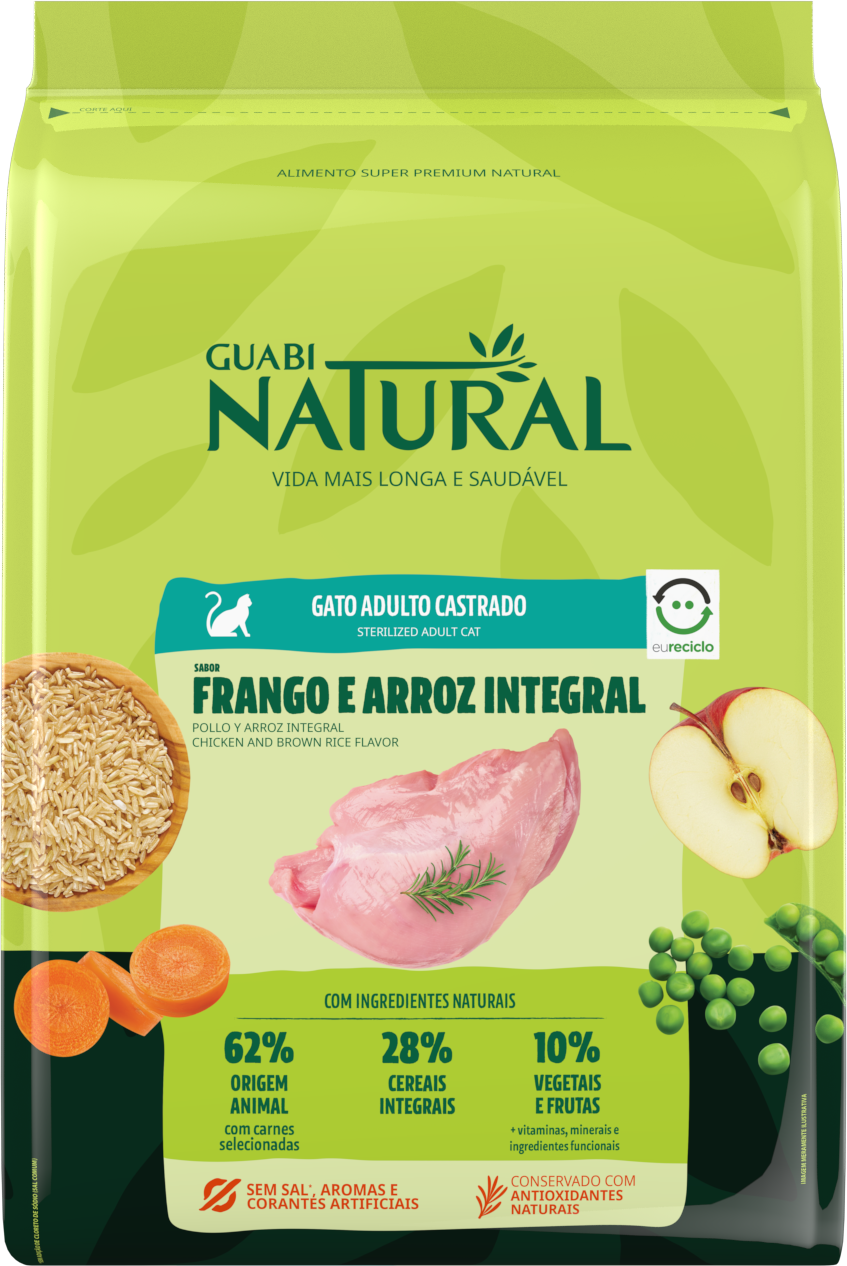 Ração Guabi Natural Frango e Arroz Integral para Gatos Adultos Castrados - 7,5Kg
