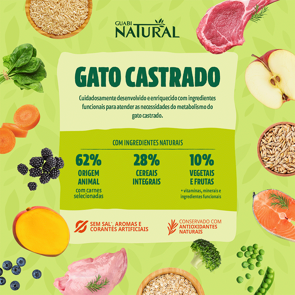 Ração Guabi Natural Frango e Arroz Integral para Gatos Adultos Castrados - 7,5Kg
