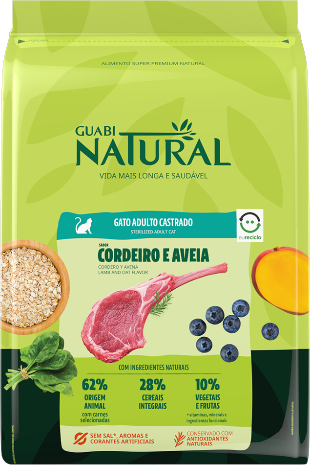 Ração Guabi Natural Cordeiro e Aveia para Gatos Adultos Castrados - 7,5Kg