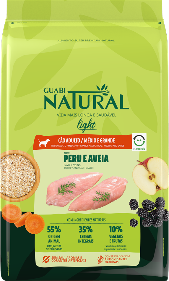 Ração Guabi Natural Light Peru e Aveia para Cães Adultos Raças Médias e Grandes - 12Kg
