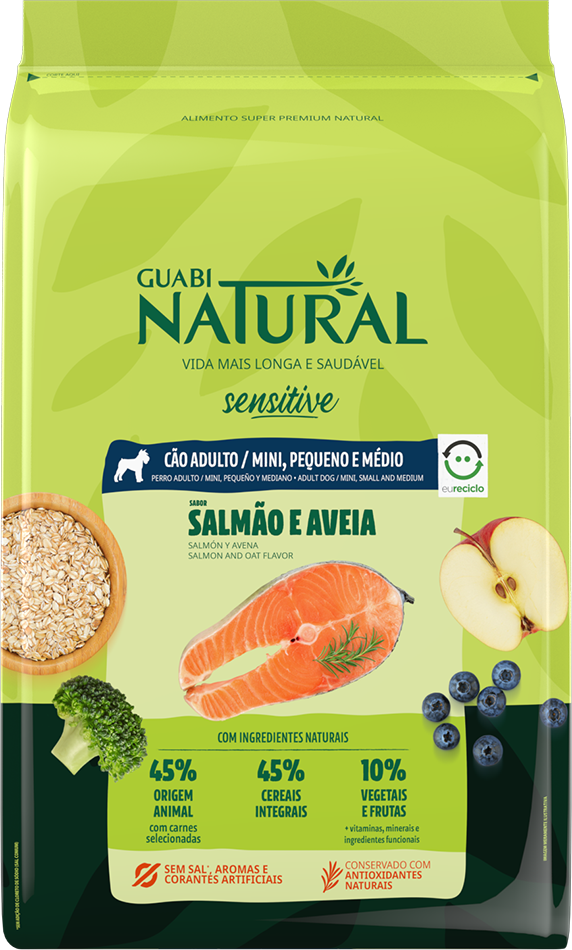 Ração Guabi Natural Sensitive Salmão e Aveia Cães Adultos Raças Mini, Pequeno e Médio - 10,1Kg