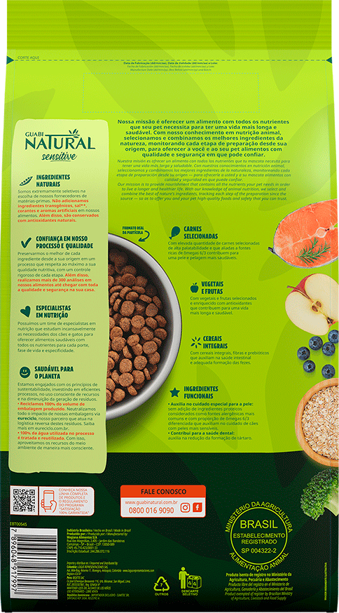 Ração Guabi Natural Sensitive Salmão e Aveia Cães Adultos Raças Mini, Pequeno e Médio - 10,1Kg