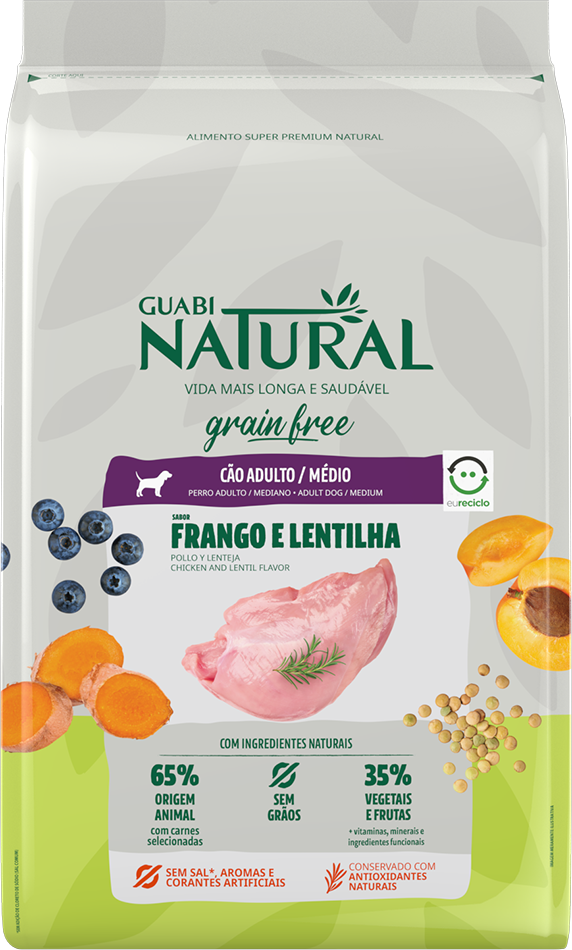 Ração Guabi Natural Grain Free Frango e Lentilha para Cães Adultos Raças Médias - 12Kg