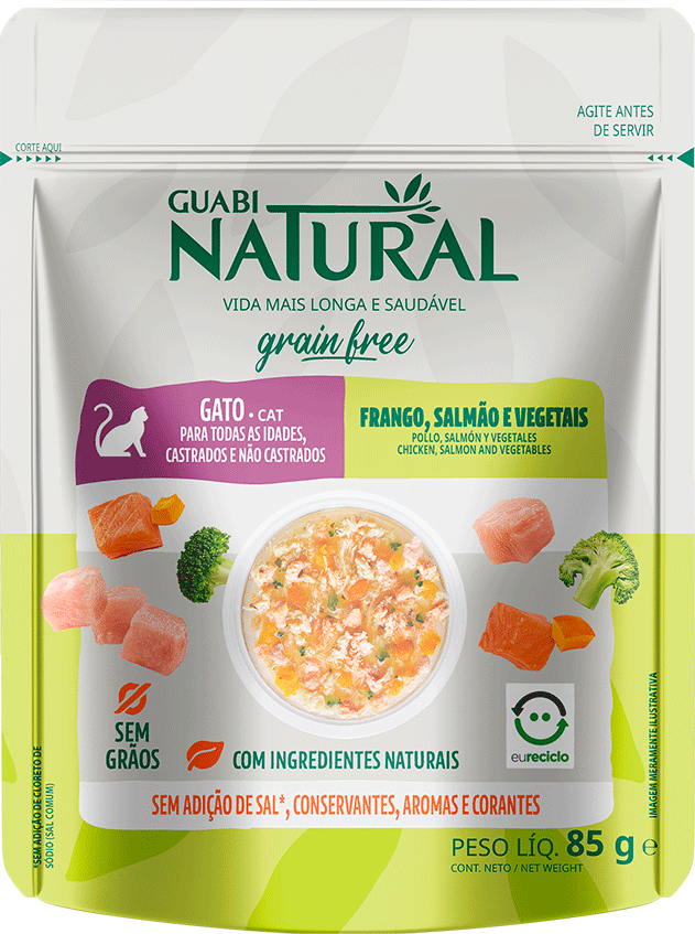 Ração Úmida Guabi Natural Grain Free Frango, Salmão e Vegetais para Gatos - 85 g