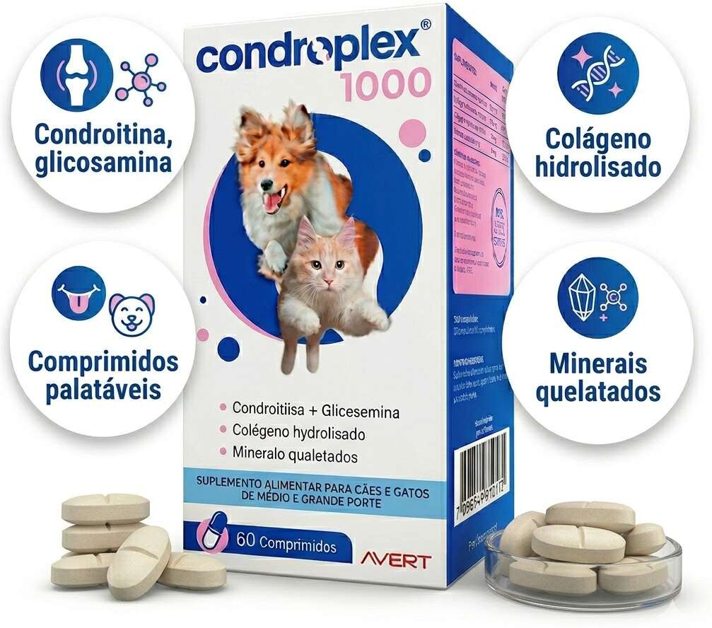 Suplemento Alimentar Avert CondroPlex 1000 para Cães e Gatos de Médio e Grande Porte - 60 Comprimidos