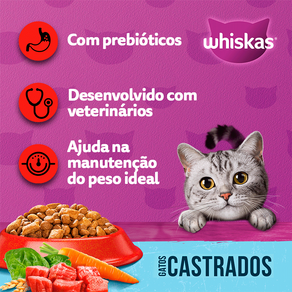 Ração Whiskas Carne para Gatos Adultos Castrados - 10,1Kg