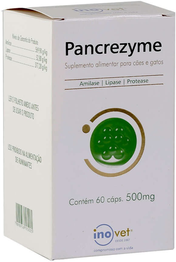 Suplemento Alimentar Inovet Pancrezyme 500 mg para Cães e Gatos - 60 Cápsulas