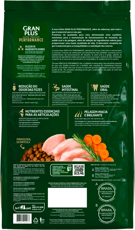 Ração Seca GranPlus Performance para Cães Adultos Raças Médias e Grandes sabor Frango e Cenoura - 20Kg