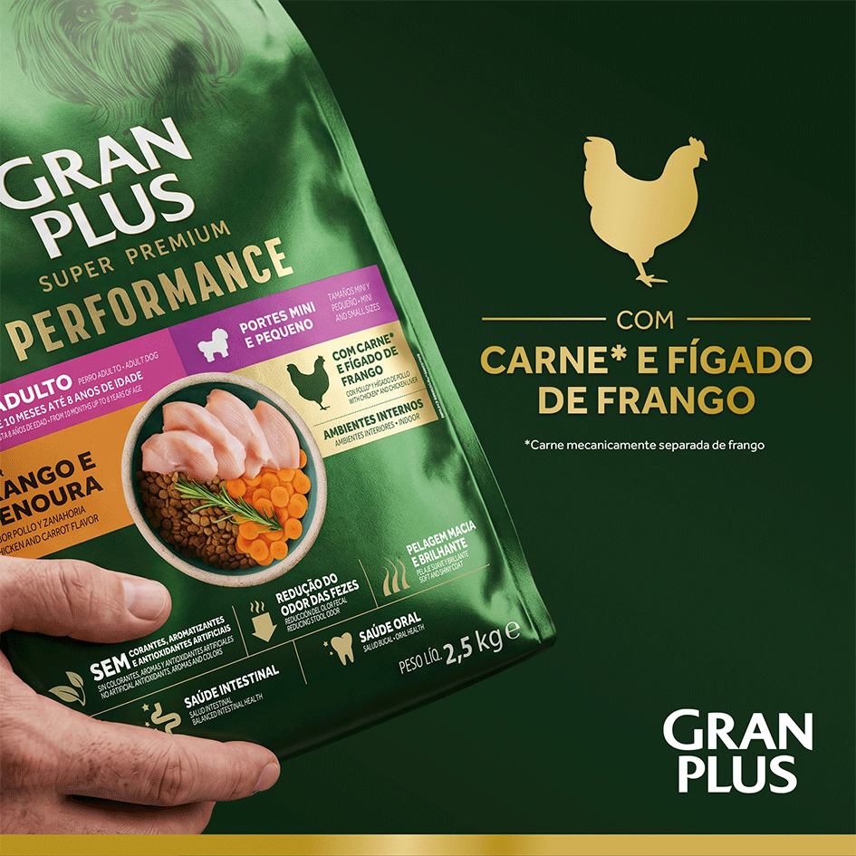Ração Seca GranPlus Performance para Cães Adultos Raças Médias e Grandes sabor Frango e Cenoura - 20Kg