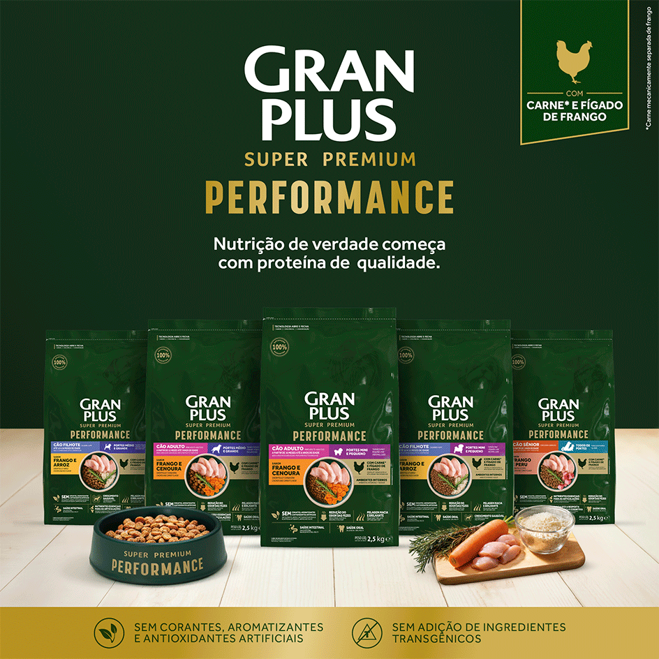 Ração Seca GranPlus Performance para Cães Adultos Raças Médias e Grandes sabor Frango e Cenoura - 20Kg