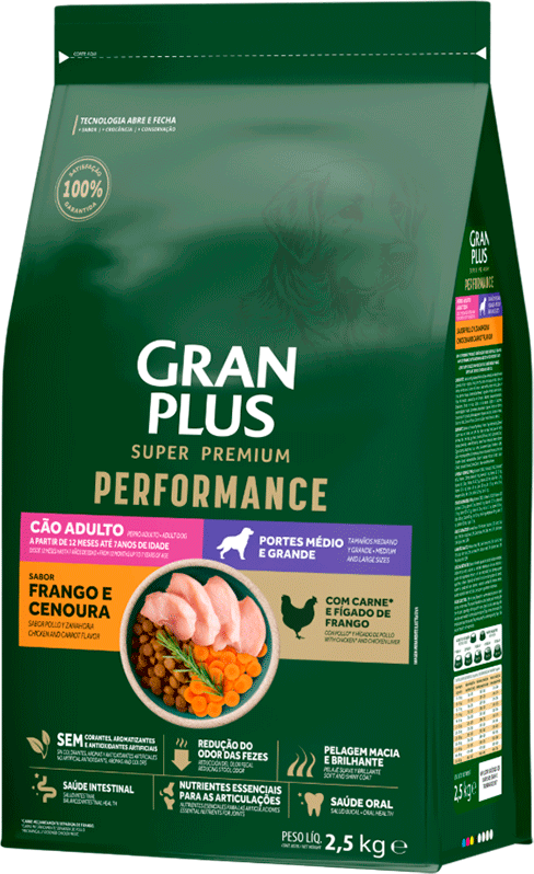 Ração Seca GranPlus Performance para Cães Adultos Raças Médias e Grandes sabor Frango e Cenoura - 20Kg
