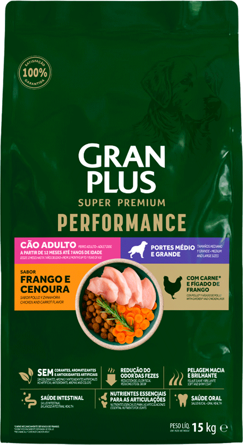 Ração Seca GranPlus Performance para Cães Adultos Raças Médias e Grandes sabor Frango e Cenoura - 15Kg