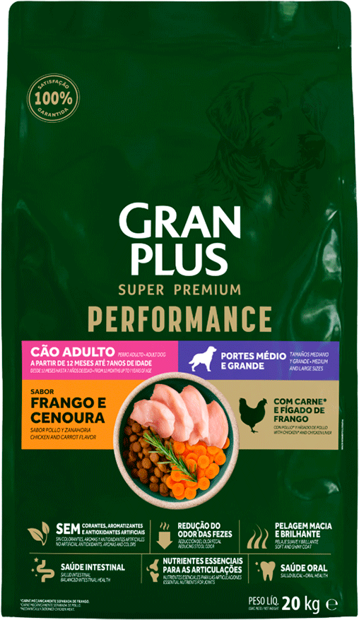 Ração Seca GranPlus Performance para Cães Adultos Raças Médias e Grandes sabor Frango e Cenoura - 20Kg