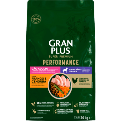 Ração Seca GranPluns Performance para Cães Adultos Raças Médias e Grandes sabor Frango e Cenoura