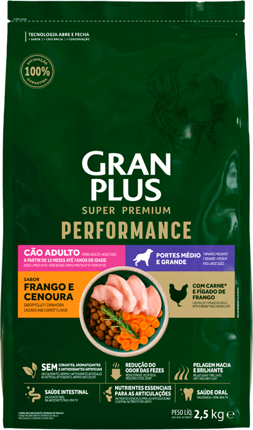 Ração Seca GranPlus Performance para Cães Adultos Raças Médias e Grandes sabor Frango e Cenoura - 2,5Kg