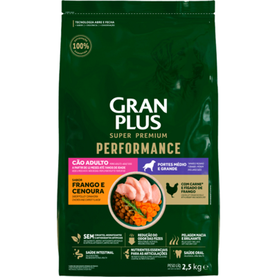 Ração Seca GranPluns Performance para Cães Adultos Raças Médias e Grandes sabor Frango e Cenoura