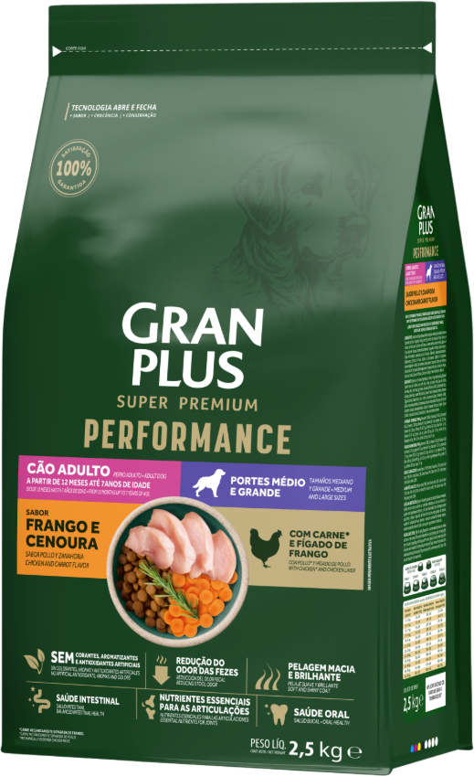 Ração Seca GranPlus Performance para Cães Adultos Raças Médias e Grandes sabor Frango e Cenoura - 2,5Kg