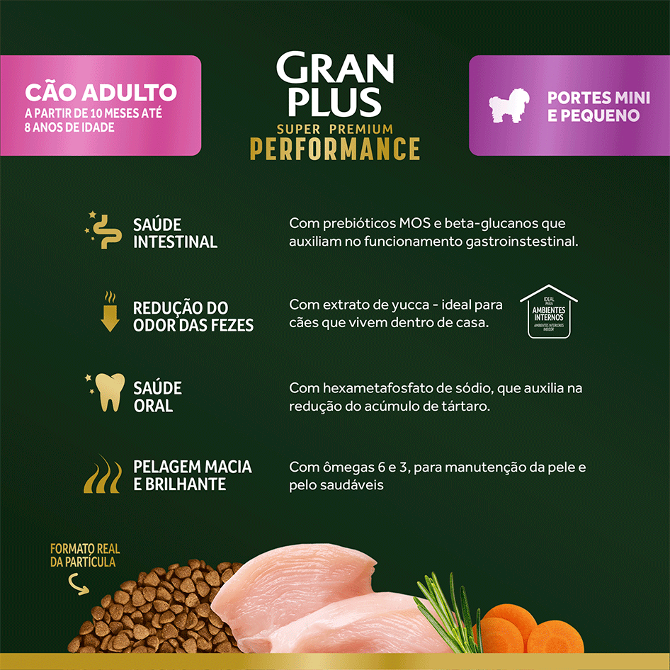 Ração Seca GranPlus Performance para Cães Adultos Raças Minis e Pequenas sabor Frango e Cenoura - 10,1Kg
