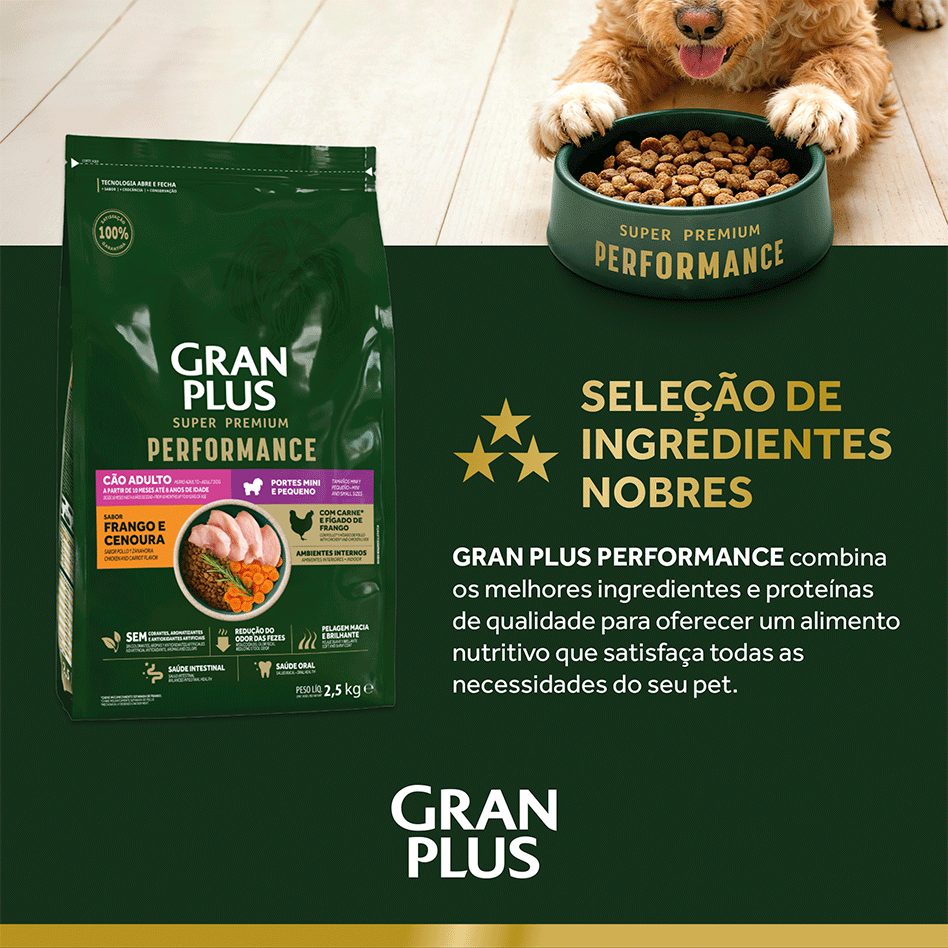 Ração Seca GranPlus Performance para Cães Adultos Raças Minis e Pequenas sabor Frango e Cenoura - 10,1Kg