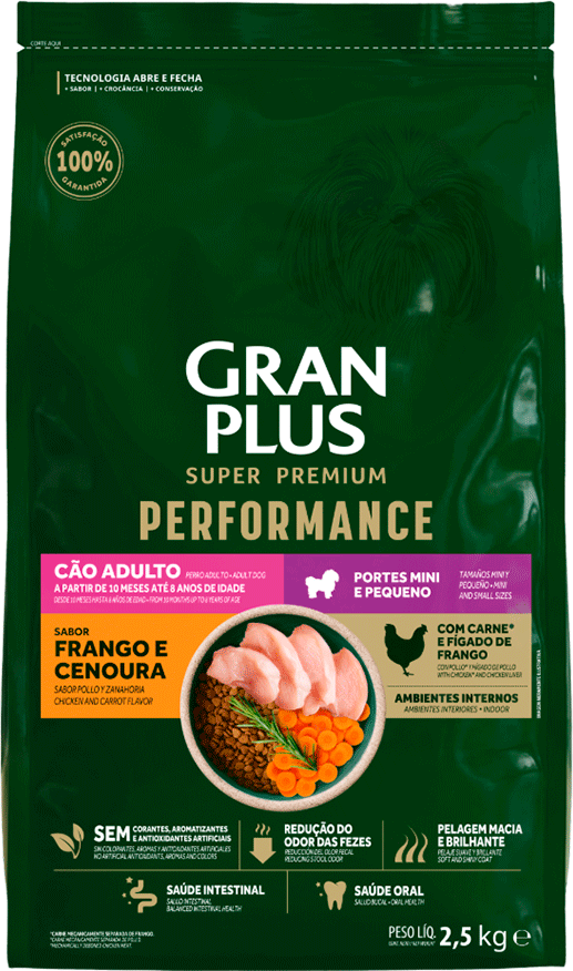 Ração Seca GranPlus Performance para Cães Adultos Raças Minis e Pequenas sabor Frango e Cenoura - 2,5Kg