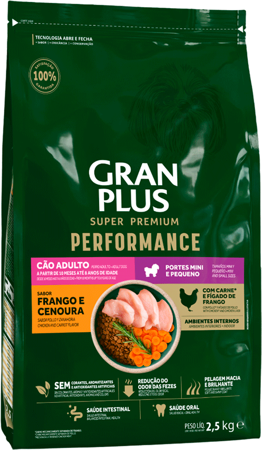 Ração Seca GranPlus Performance para Cães Adultos Raças Minis e Pequenas sabor Frango e Cenoura - 2,5Kg