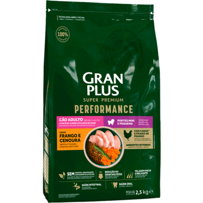 Ração Seca GranPlus Performance para Cães Adultos Raças Minis e Pequenas sabor Frango e Cenoura