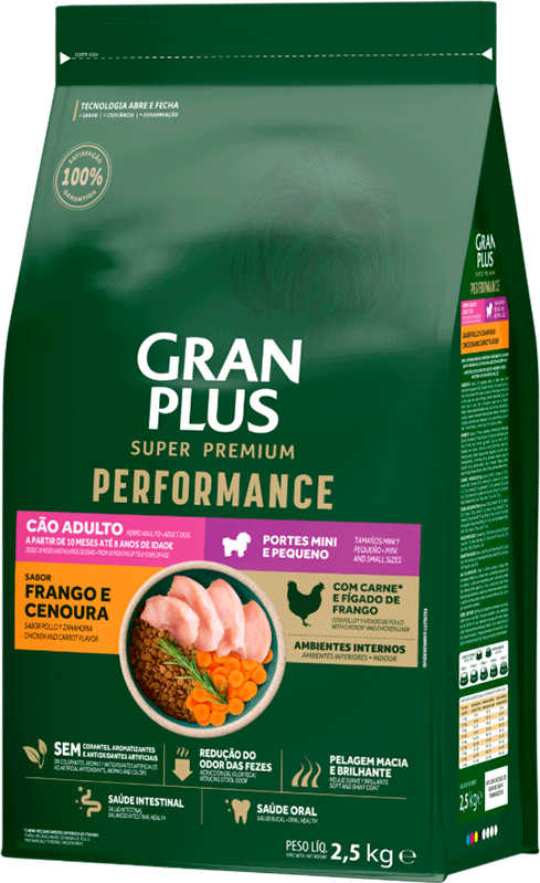 Ração Seca GranPlus Performance para Cães Adultos Raças Minis e Pequenas sabor Frango e Cenoura - 20Kg