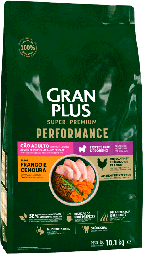 Ração Seca GranPlus Performance para Cães Adultos Raças Minis e Pequenas sabor Frango e Cenoura - 10,1Kg