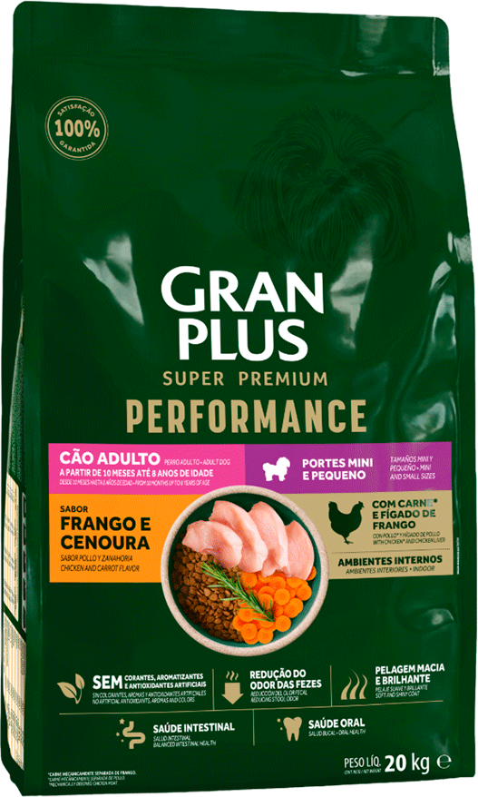 Ração Seca GranPlus Performance para Cães Adultos Raças Minis e Pequenas sabor Frango e Cenoura - 20Kg