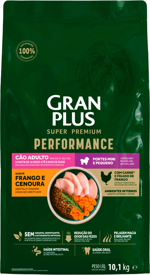 Ração Seca GranPlus Performance para Cães Adultos Raças Minis e Pequenas sabor Frango e Cenoura - 10,1Kg