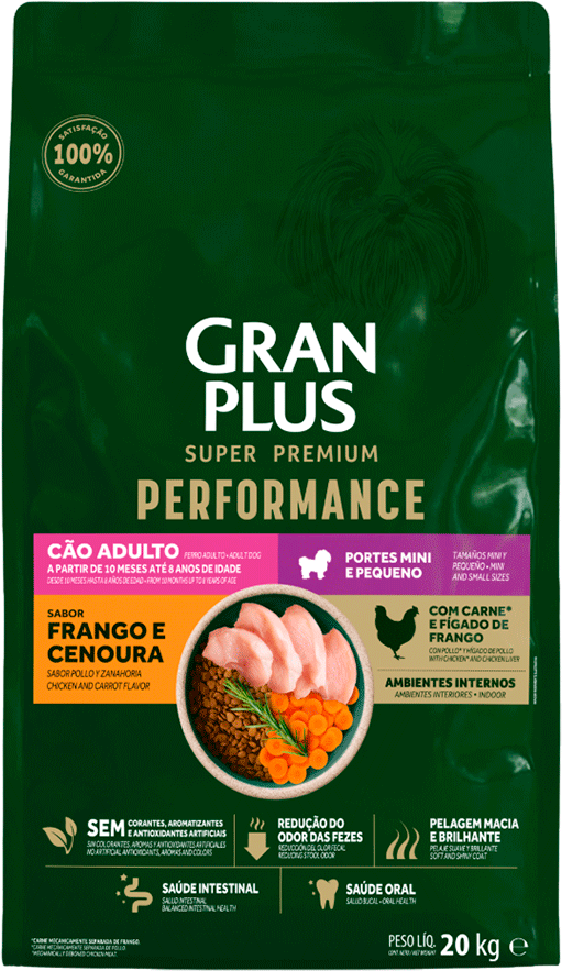 Ração Seca GranPlus Performance para Cães Adultos Raças Minis e Pequenas sabor Frango e Cenoura - 20Kg
