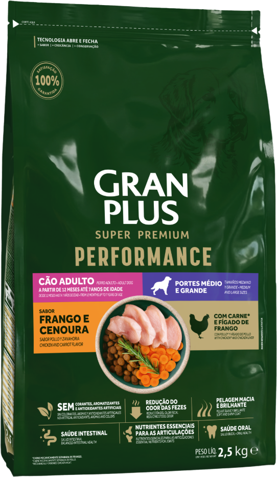 Ração Seca GranPlus Performance para Cães Adultos Raças Médias e Grandes sabor Frango e Cenoura - 2,5Kg