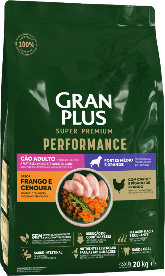 Ração Seca GranPlus Performance para Cães Adultos Raças Médias e Grandes sabor Frango e Cenoura - 20Kg