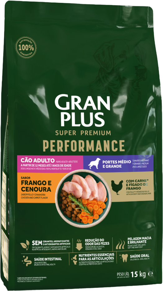 Ração Seca GranPlus Performance para Cães Adultos Raças Médias e Grandes sabor Frango e Cenoura - 15Kg