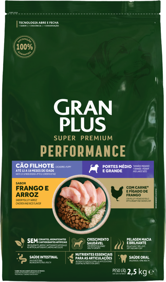 Ração Seca GranPlus Performance para Cães Filhotes Raças Médias e Grandes sabor Frango e Arroz - 2,5Kg
