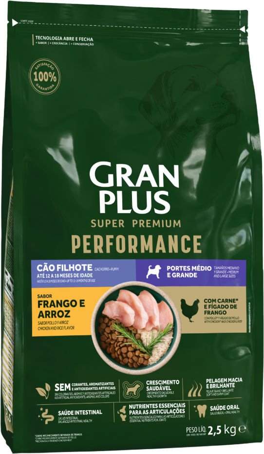 Ração Seca GranPlus Performance para Cães Filhotes Raças Médias e Grandes sabor Frango e Arroz - 2,5Kg
