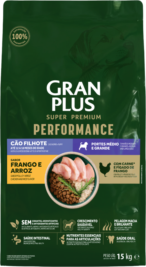 Ração Seca GranPlus Performance para Cães Filhotes Raças Médias e Grandes sabor Frango e Arroz - 15Kg