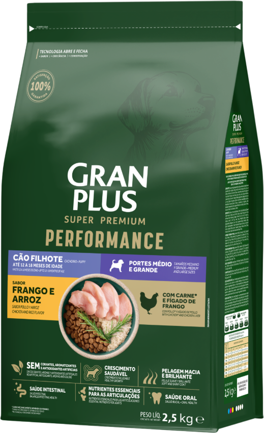 Ração Seca GranPlus Performance para Cães Filhotes Raças Médias e Grandes sabor Frango e Arroz - 15Kg