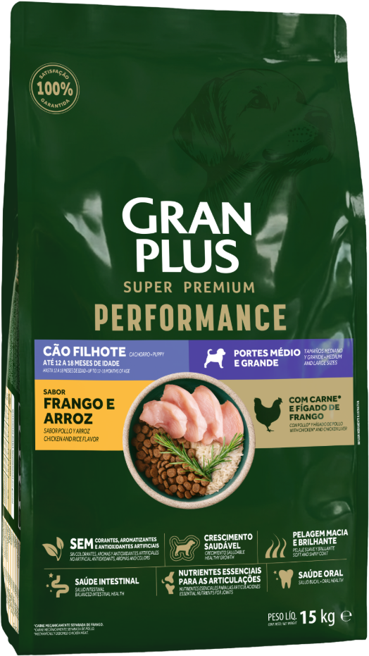 Ração Seca GranPlus Performance para Cães Filhotes Raças Médias e Grandes sabor Frango e Arroz - 15Kg
