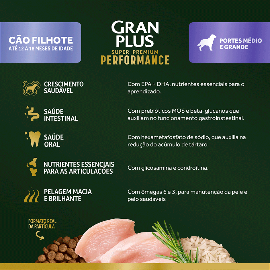 Ração Seca GranPlus Performance para Cães Filhotes Raças Médias e Grandes sabor Frango e Arroz - 15Kg