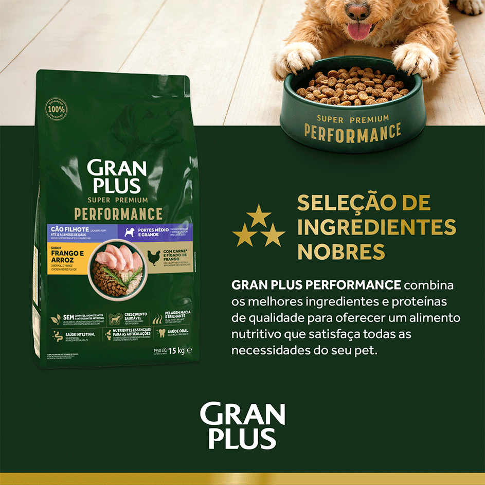 Ração Seca GranPlus Performance para Cães Filhotes Raças Médias e Grandes sabor Frango e Arroz - 15Kg