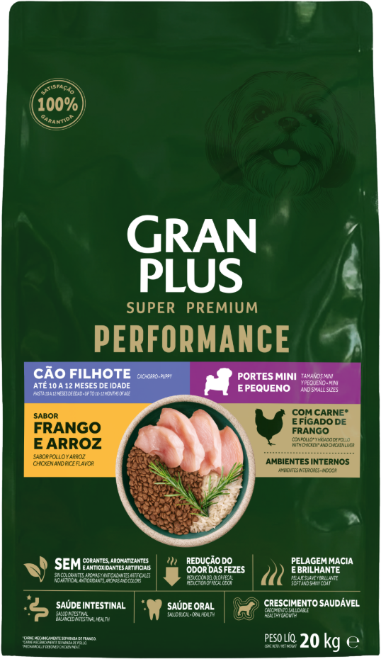 Ração Seca GranPlus Performance para Cães Filhotes Raças Minis e Pequenas sabor Frango e Arroz - 20Kg