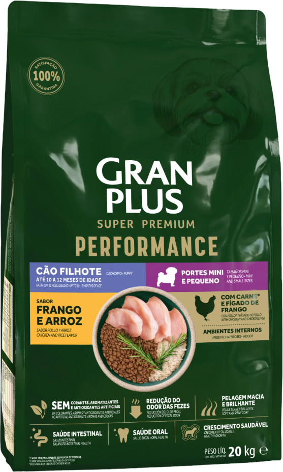Ração Seca GranPlus Performance para Cães Filhotes Raças Minis e Pequenas sabor Frango e Arroz - 20Kg