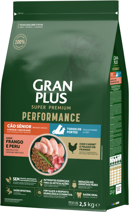Ração Seca GranPlus Performance para Cães Seniores Todas Raças sabor Frango e Peru - 2,5Kg