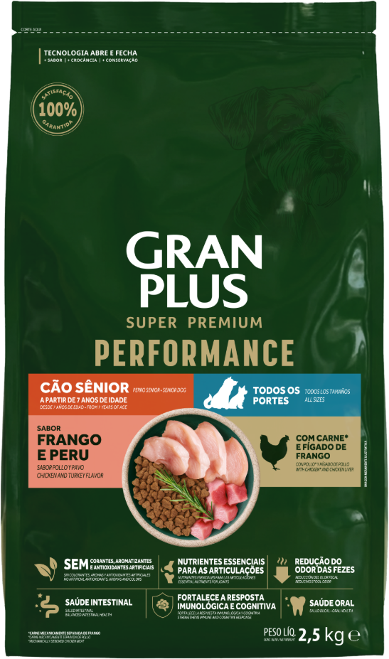 Ração Seca GranPlus Performance para Cães Seniores Todas Raças sabor Frango e Peru - 2,5Kg