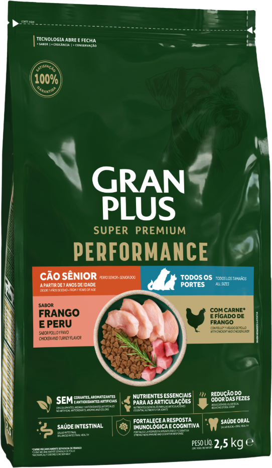 Ração Seca GranPlus Performance para Cães Seniores Todas Raças sabor Frango e Peru - 2,5Kg