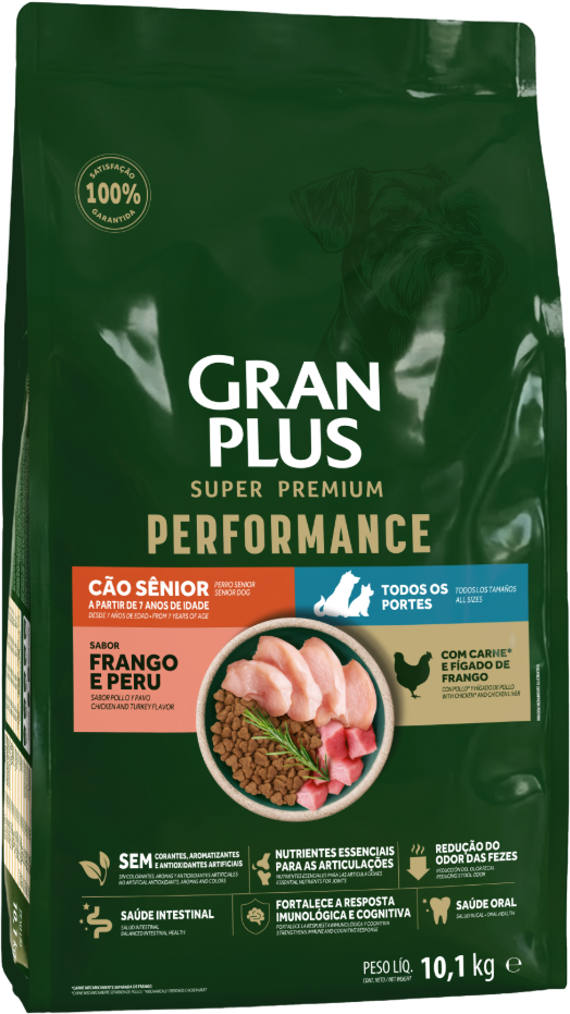 Ração Seca GranPlus Performance para Cães Seniores Todos as Raças sabor Frango e Peru - 10,1Kg