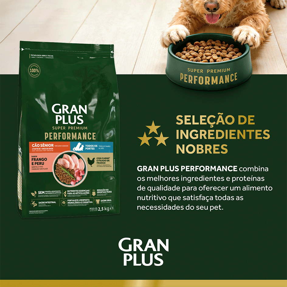 Ração Seca GranPlus Performance para Cães Seniores Todos as Raças sabor Frango e Peru - 10,1Kg